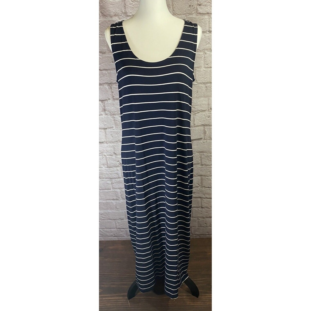 NEW C&C California Women M‎ Sleeveless Stretch Striped Blue White Maxi Dress